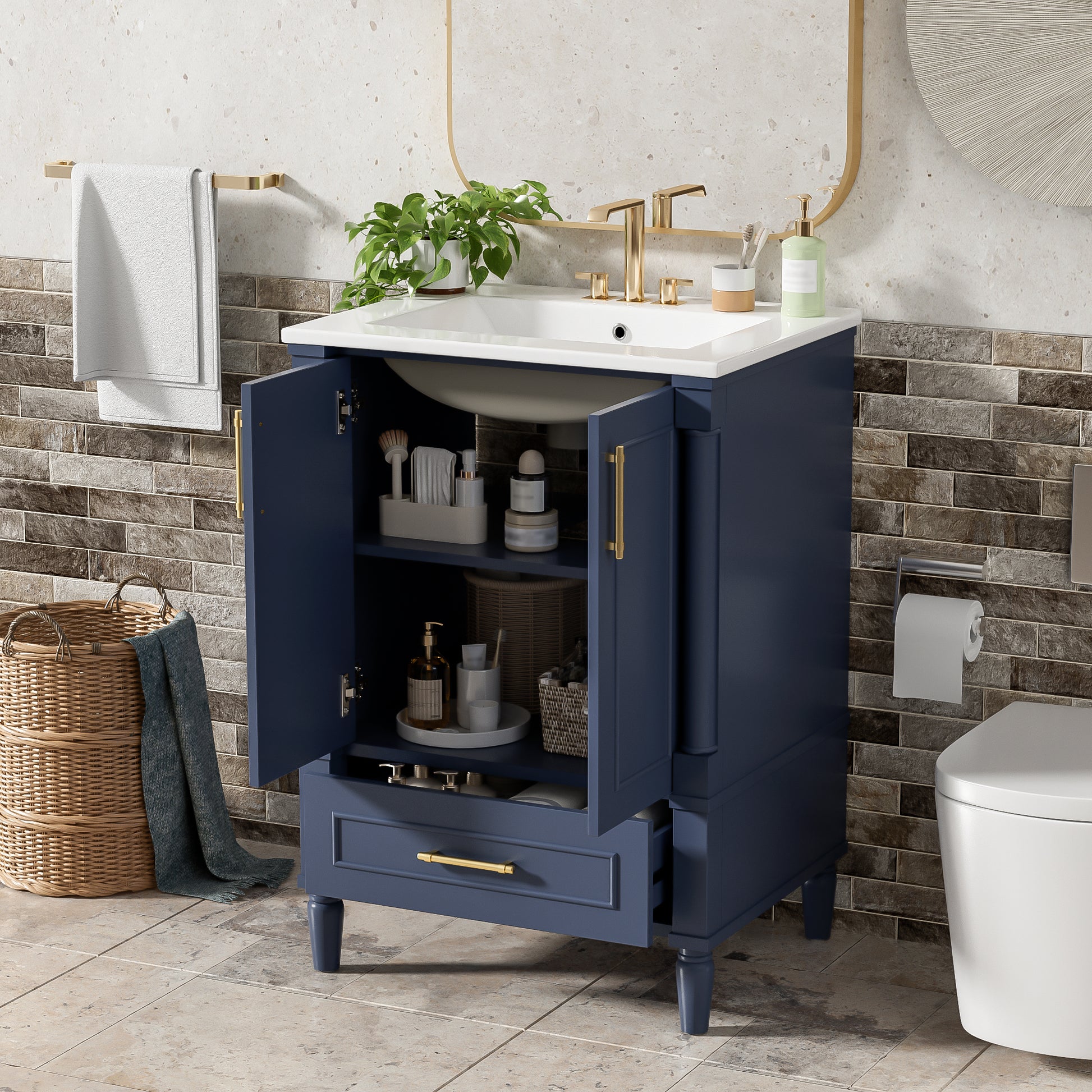 24" Modern Bathroom Vanity with Ornate Motif Design & Soft-Close Hinges, Bathroom Cabinet with Drawer and Back Open Structure, Ornately Carved French Cylinder Legs image 4
