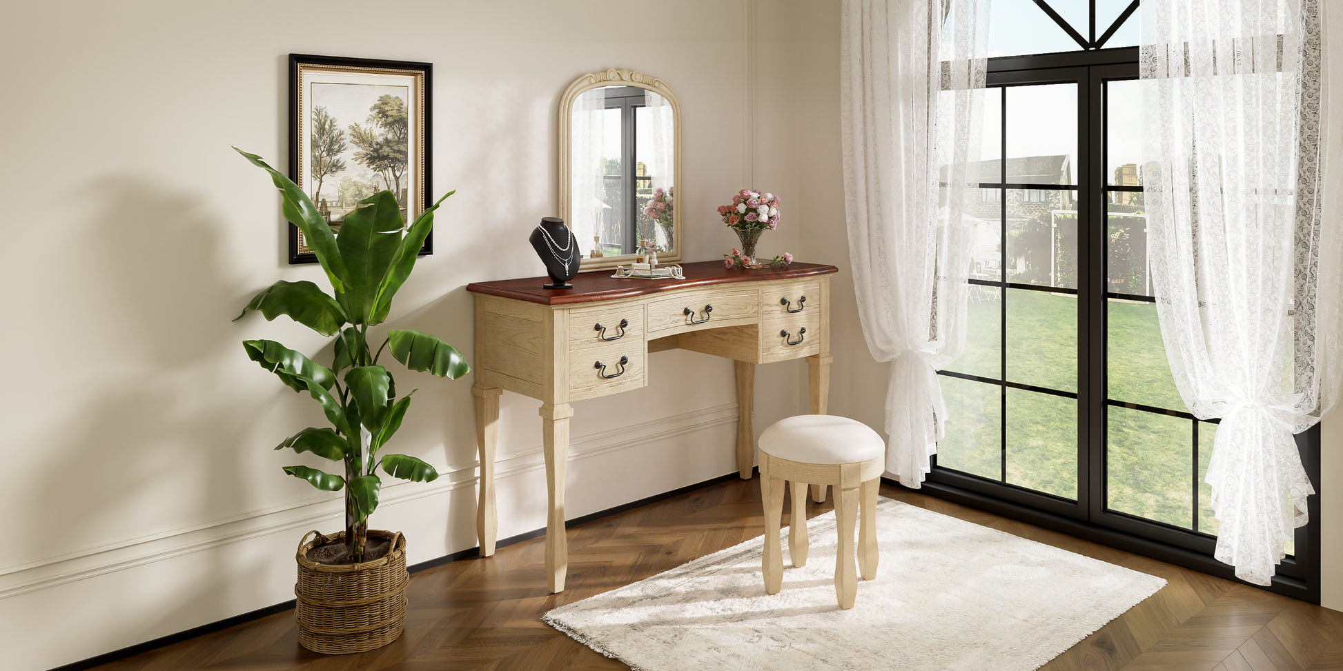 46" Vintage Makeup Vanity with Curved Flower Frame Mirror, Elegant Dressing Table with 5 Drawers and Leather Stool, Vanity Desk with Solid Wood Legs and Antique Handles for Bedroom image 12