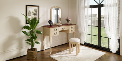 46" Vintage Makeup Vanity with Curved Flower Frame Mirror, Elegant Dressing Table with 5 Drawers and Leather Stool, Vanity Desk with Solid Wood Legs and Antique Handles for Bedroom image 12