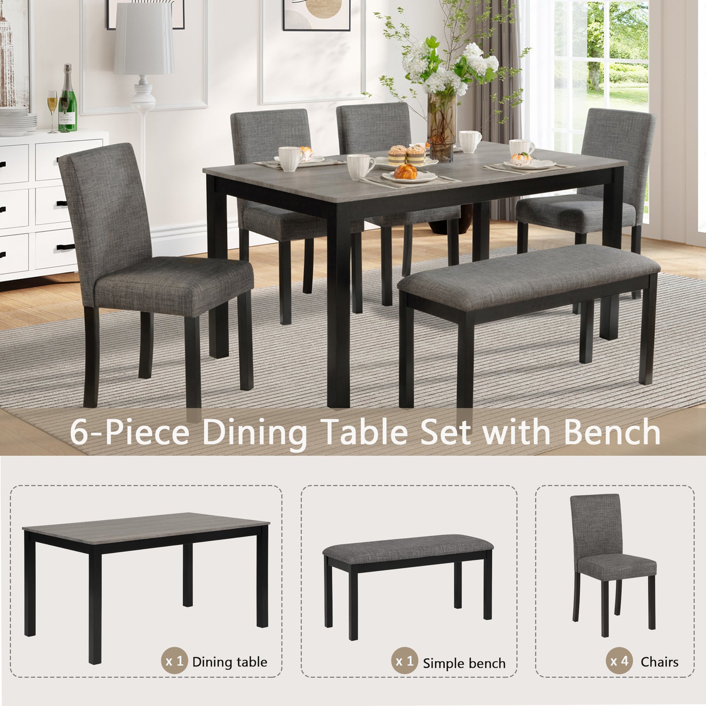 6-Piece Dining Table Set with Bench and Chairs, Dining Table Set for 6 with Bench, Wooden Dining Table Set for Kitchen, Dining Room, Light Grey & Black Two Tone image 3