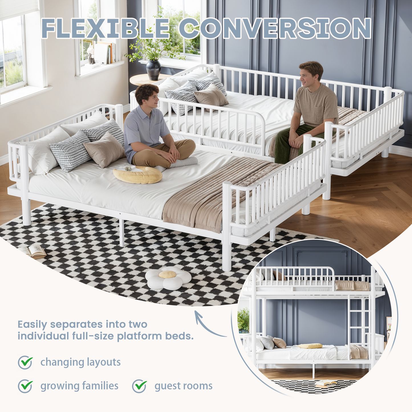 Queen over Queen Bunk Bed with Ladders & Guardrails, Metal Bunk Bed Frame with Upgraded Safety Round-Pipe Design, Can Transformed into 2 Platform Bed, White image 9