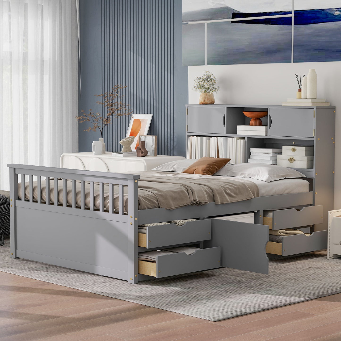 Full Size Captain Platform Bed Frame with Storage Bookcases and Shelves,Four Drawers,Gray image 1