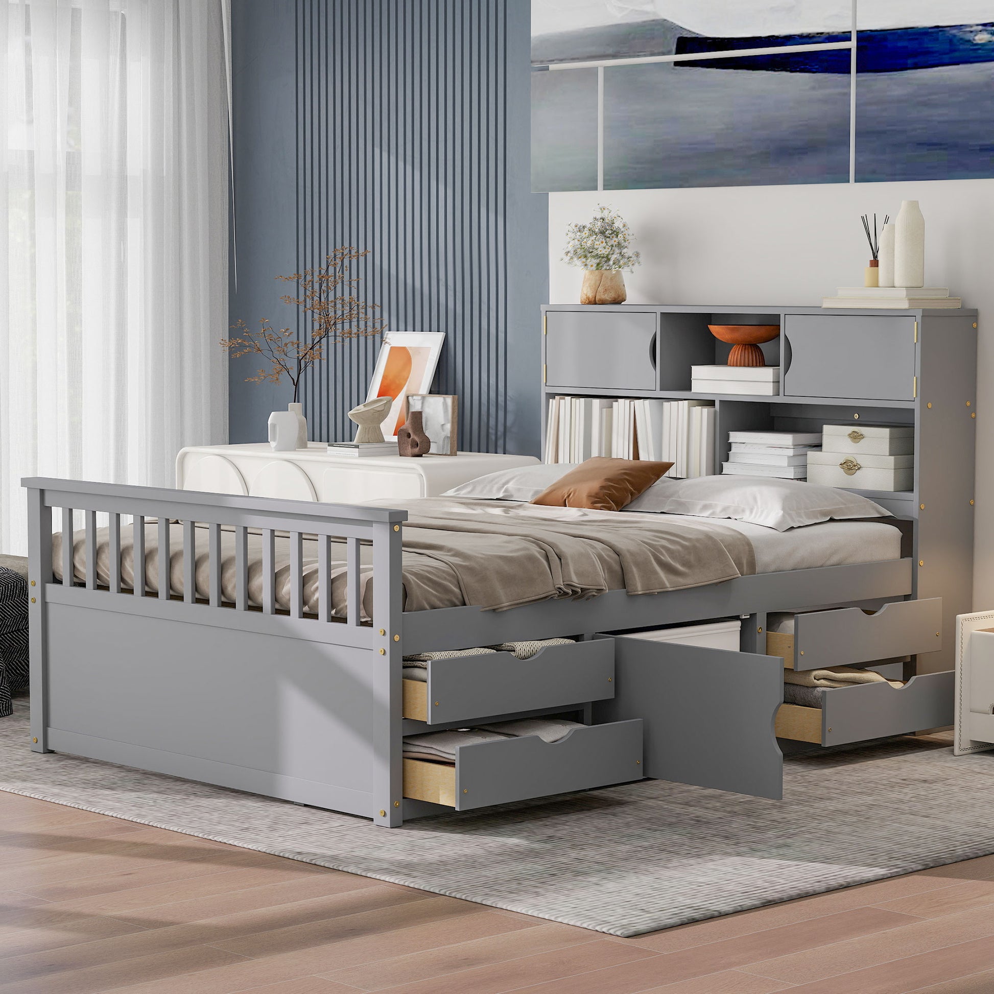 Full Size Captain Platform Bed Frame with Storage Bookcases and Shelves,Four Drawers,Gray image 1