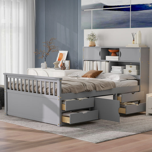Full Size Captain Platform Bed Frame with Storage Bookcases and Shelves,Four Drawers,Gray image 1