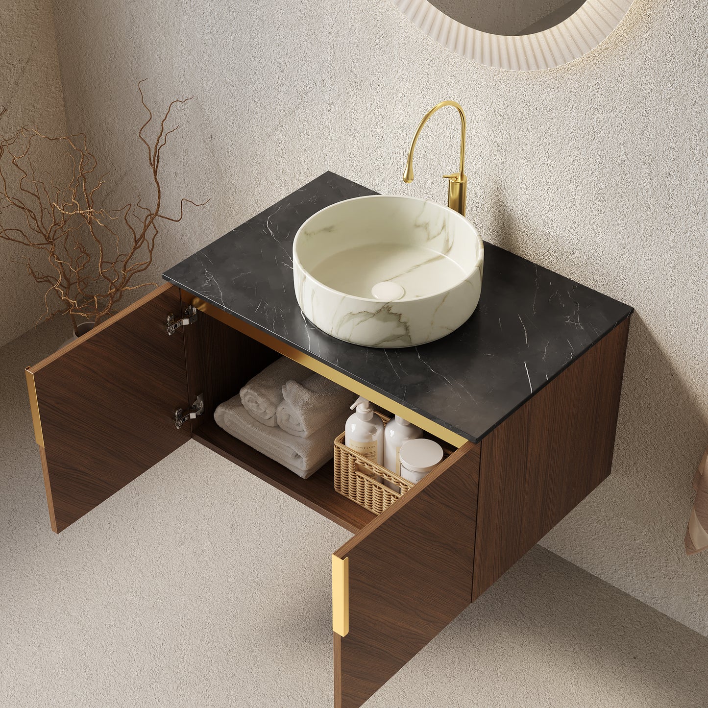 ARAI 30" Bathroom Vanity&Sink, Floating Plywood Bathroom Storage Cabinet with 2 Doors, Black Sintered Stone Countertop&White Round Ceramic Basin with Stone Pattern, Brown Oak Woodgrain Color (New SKU) image 2