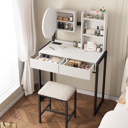 Small Vanity Desk with Mirror and Lights, Makeup Vanity Table with LED Mirror, 3 Lighting Modes, Power Outlet, Drawer, Open Shelves and Cushioned Stool for Bedroom (White and Black) image 8