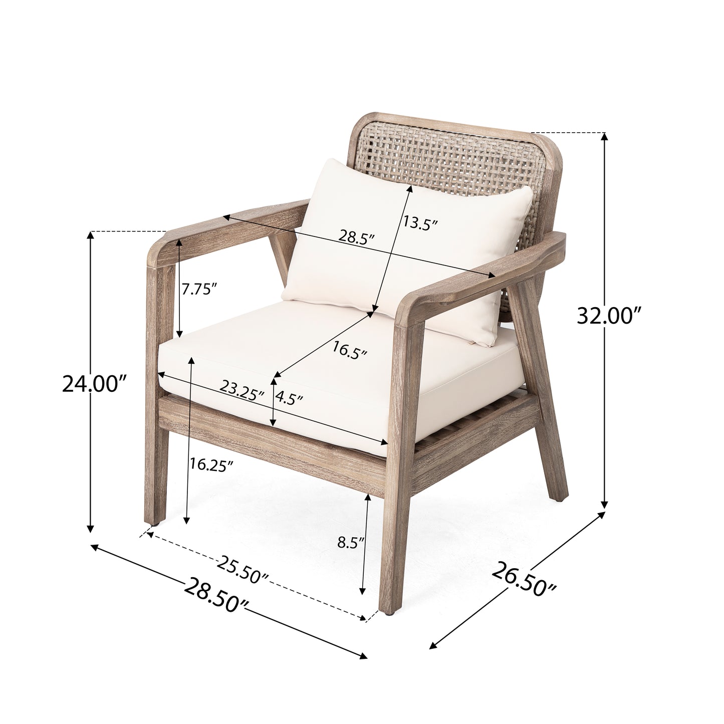 Outdoor Acacia Wood Patio Club Chair, Patio Furniture,Waterproof Thick Cushion Deep Seating for Porch, Garden, Backyard, Balcony, Weight Capacity 400lbs, Light Brown finish, Cream cushion image 6