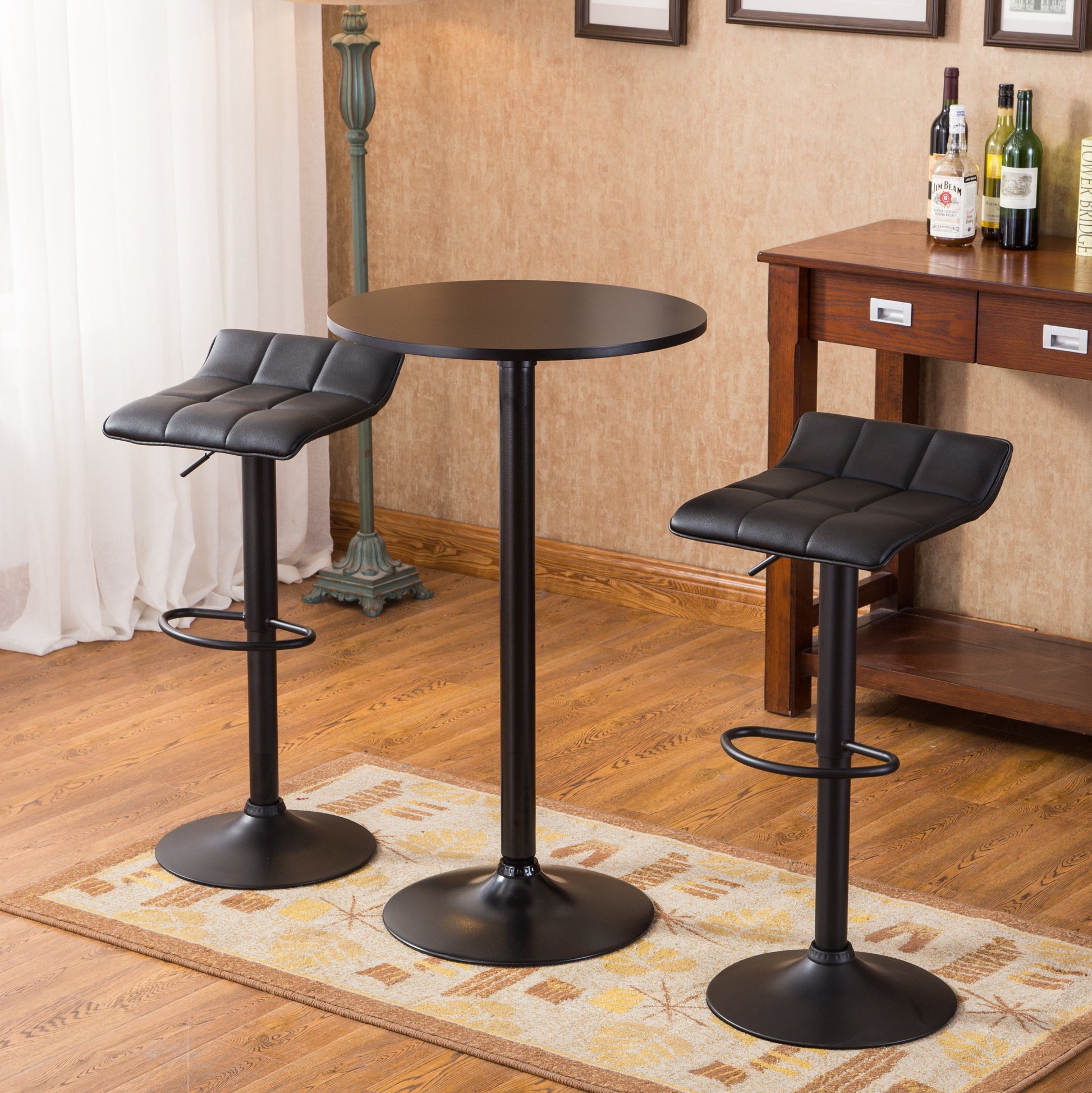 Belham Black Round Top with Black Leg And Base Metal Bar Table and 2 Swivel Black Bonded Leather Adjustable Bar Stool Bar Sets image 4