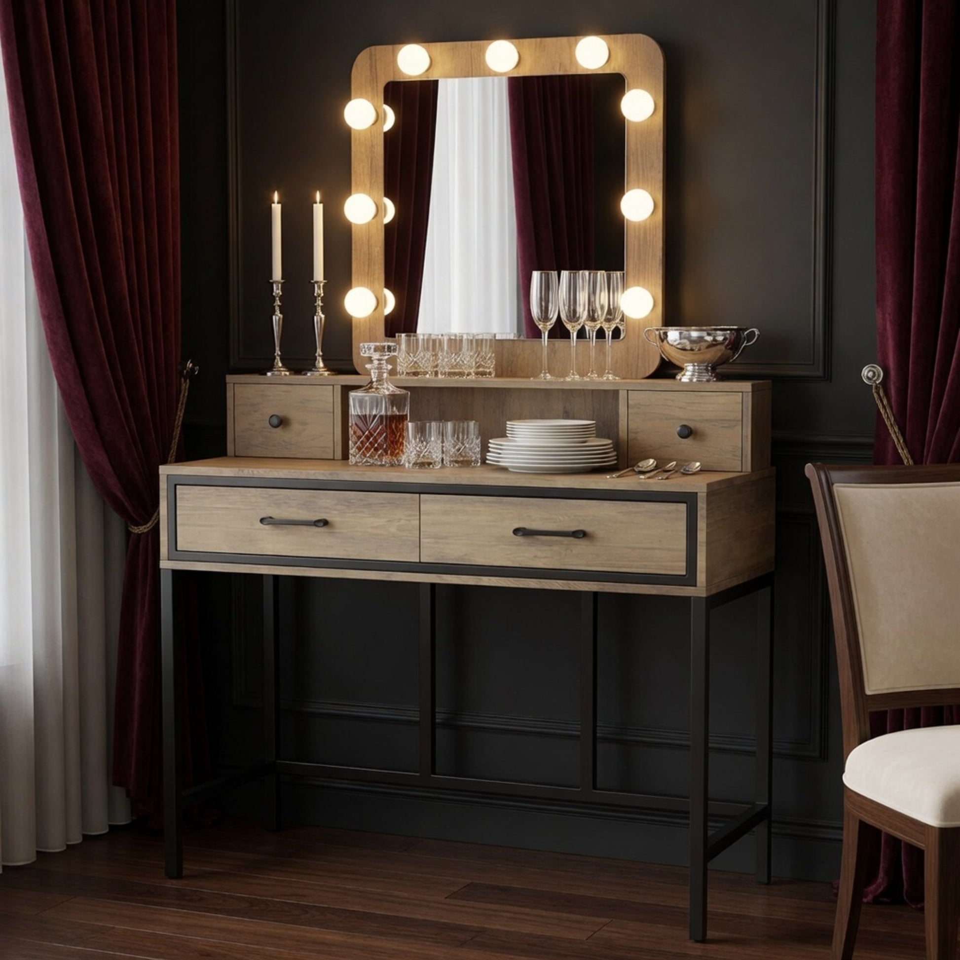 39.37" Brown Vanity Desk with 3-Color Lighted Mirror - Makeup Table with 4 Drawers image 7