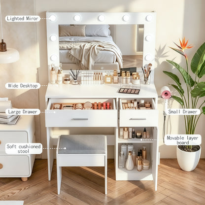 Vanity Desk with Mirror, Large Drawer and Power Socket with 11 Light Bulbs and 3 Adjustable Lighting Modes, Vanity Table Ideal for Bedroom (White) image 5