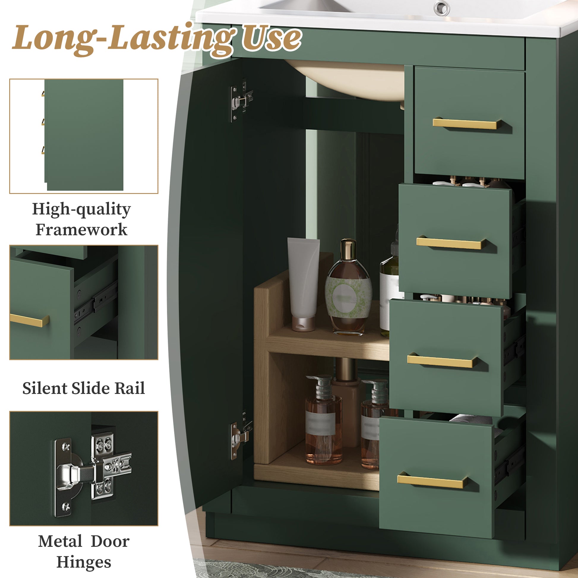 24" Bathroom Vanity with Integrated Ceramic Sink, Bathroom Cabinet with 1 Door, 3 Drawers, Single Sink Bathroom Vanity for Small and Medium Restroom, Green image 5