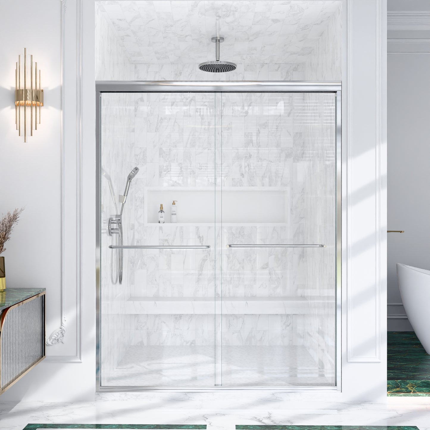 (NEW) 56"-60"W*72" H Semi-Frameless Double Sliding Shower Door, Bypass Shower Door, 1/4" (6mm) Thick SGCC Tempered Glass Door, Chrome image 1