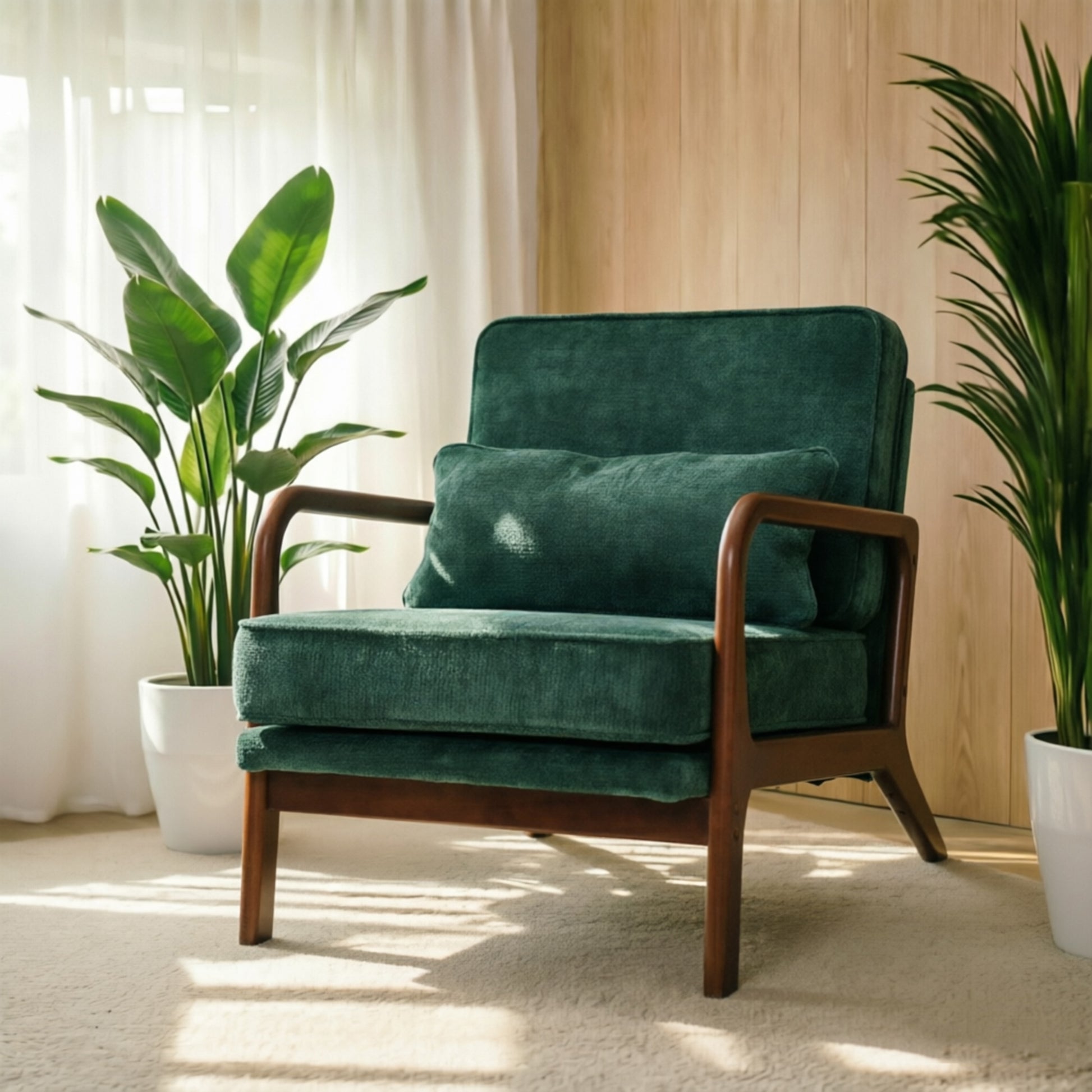 Mid-Century Modern Lounge Chair Single, Upholstered Living Room Chair with Curved Wood Armrests and Lumbar Cushion,Accent Chair for Living Room, Bedroom, Indoor, Dark Green image 1