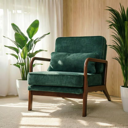 Mid-Century Modern Lounge Chair Single, Upholstered Living Room Chair with Curved Wood Armrests and Lumbar Cushion,Accent Chair for Living Room, Bedroom, Indoor, Dark Green image 1