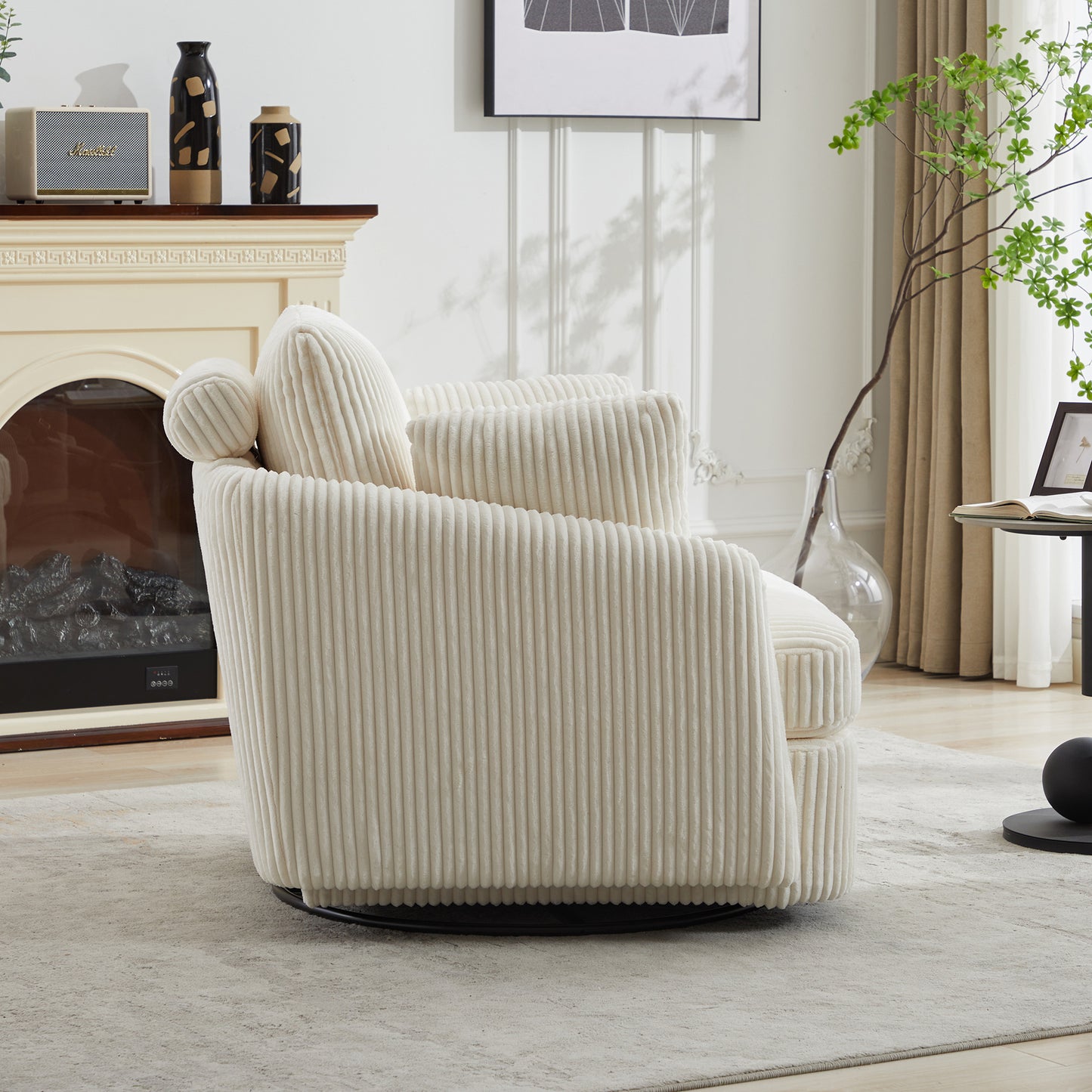 40.55''W Swivel Accent Chair With 2 Thorw Pillows 360 Degree Swivel Round Sofa Modern Oversized Arm Chair Cozy Club Chair for Bedroom Living Room Lounge Hotel, Ivory Corduroy image 8