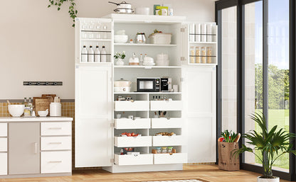 [Assembly Video Provided] TOPMAX 35.5x17.6x70.9inch Freestanding Kitchen Pantry Cabinet, Tall Storage Cabinet with 4 Doors, 2 Door Shelves, 8 Pull-out Trays and Adjustable Shelf for Dining Room, White image 2