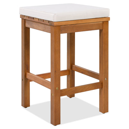 5 Piece Outdoor Bar Set, Patio Acacia Wood Bar Height Table & Four Stools with Cushions, Wood Dining Bar Set for Backyard, Poolside, Balcony, Beige Cushion and Natural Wood image 12