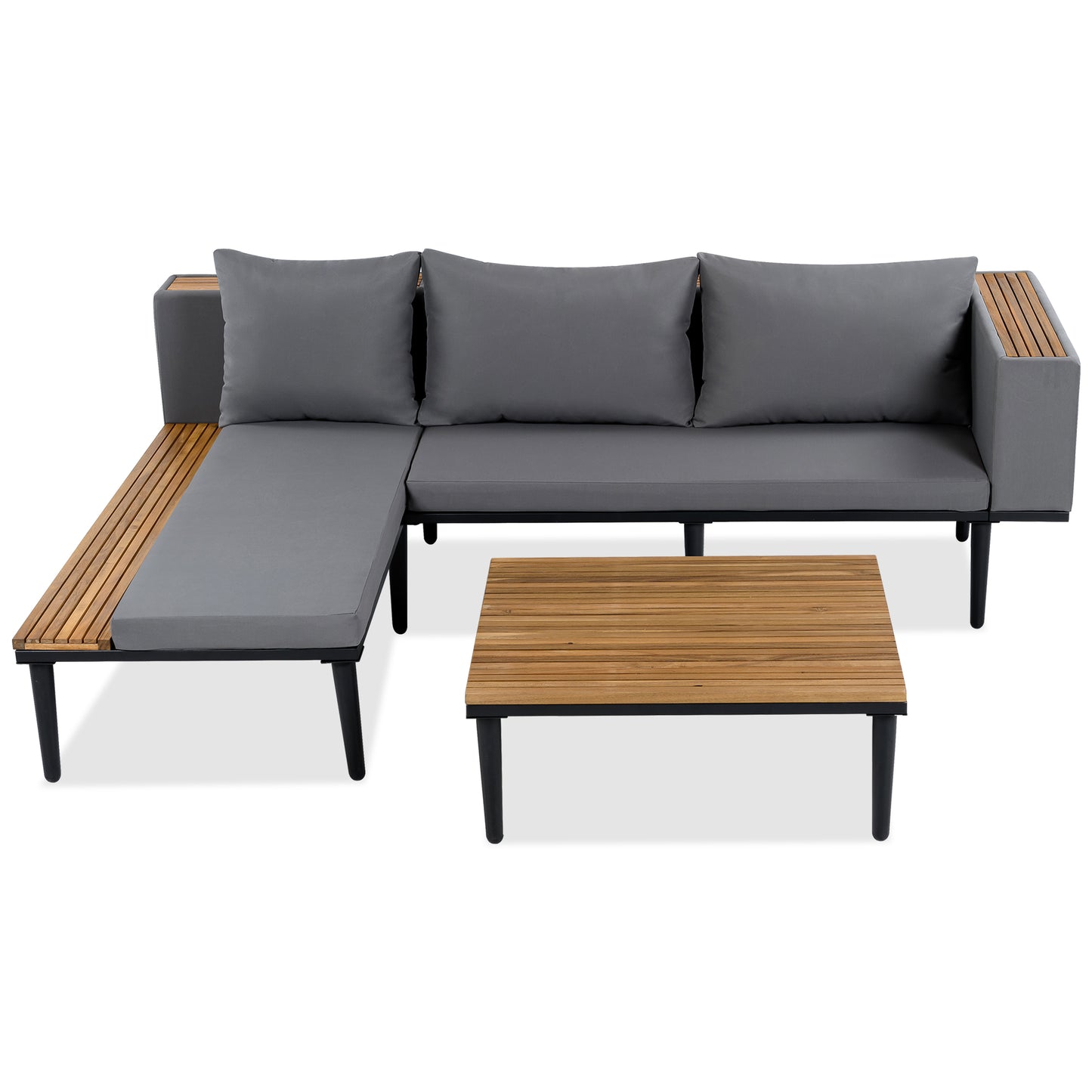 <Old SKU: N704G201251E> Luxury Patio Furniture Set with Removable Cushions and Coffee Table, L-Shaped Acacia Wood Sofa with Side table, Outdoor Conversation Sectional Sofa for Backyard, Porch, Gray image 7