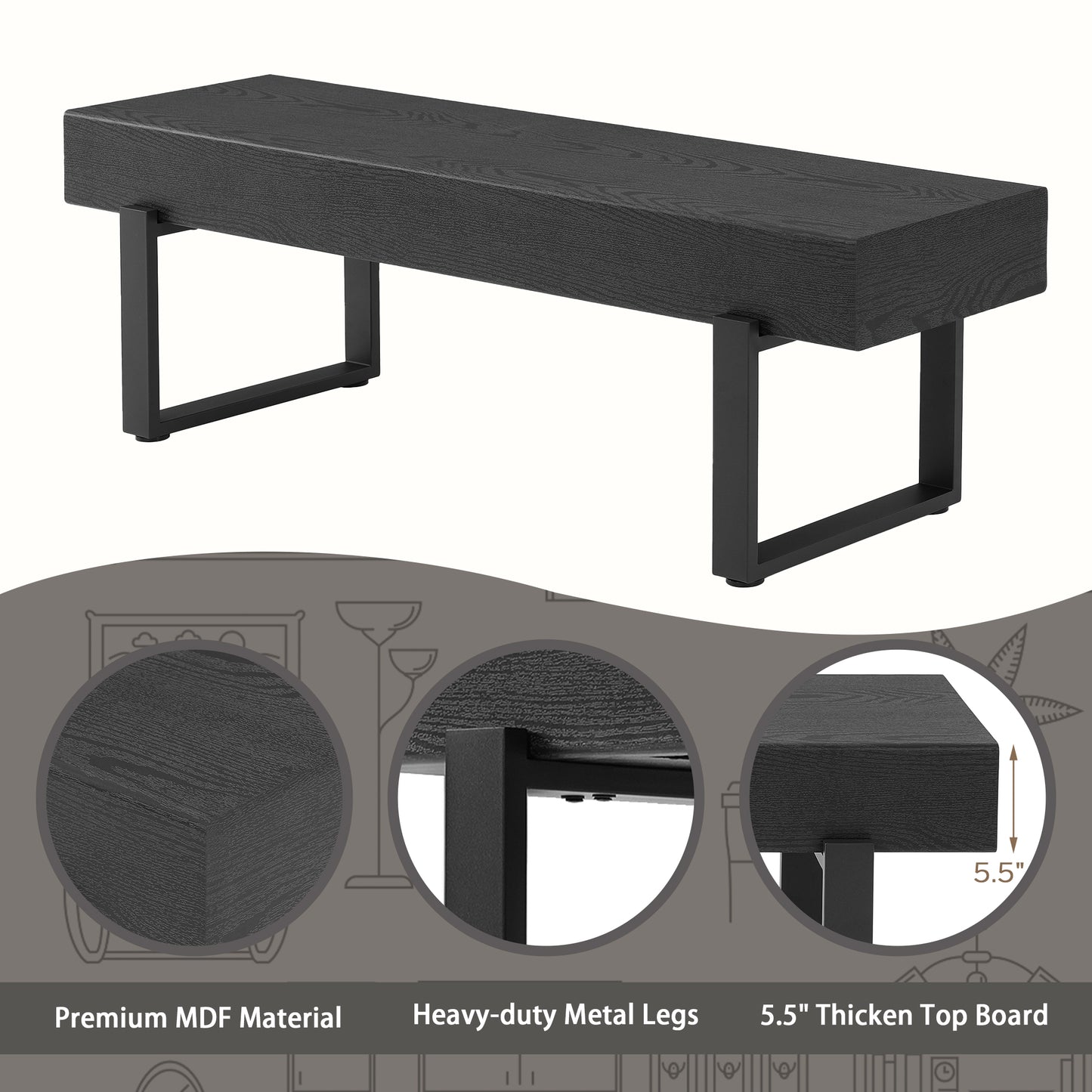 59" Wood Bench for Bedroom End of Bed, Farmhouse Indoor Kitchen Table Benches,Versatile Modern Shoe Bench for Entryway, Black image 3