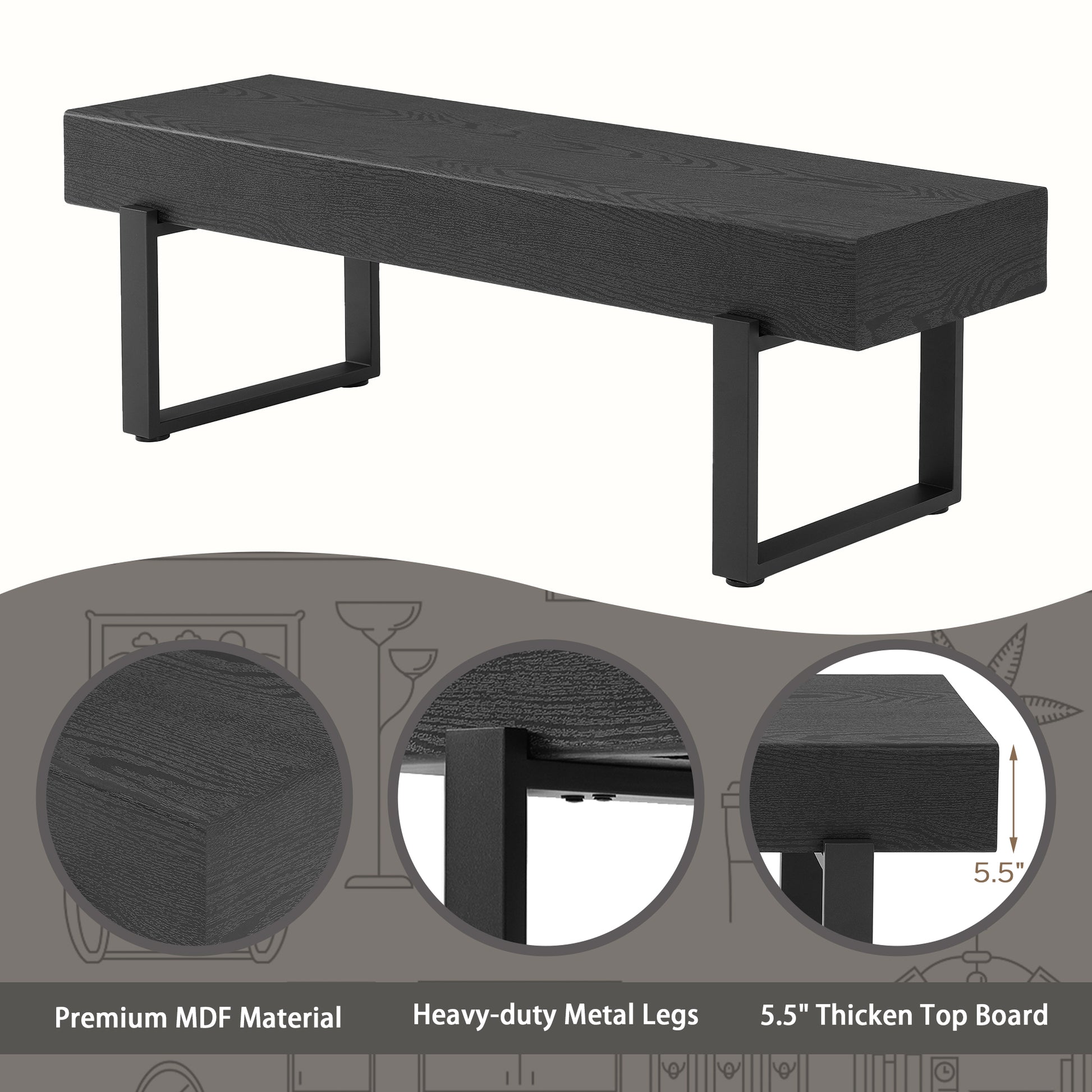 59" Wood Bench for Bedroom End of Bed, Farmhouse Indoor Kitchen Table Benches,Versatile Modern Shoe Bench for Entryway, Black image 3