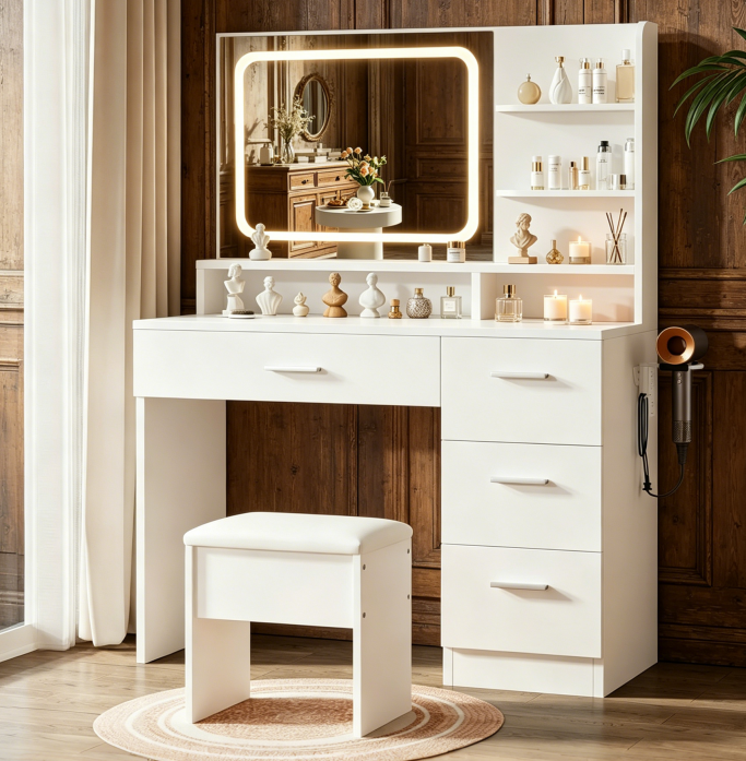 Elegant vanity includes lighted mirror and storage drawers; white makeup table for women; suitable for various settings including bedrooms, living rooms, and dorms image 4