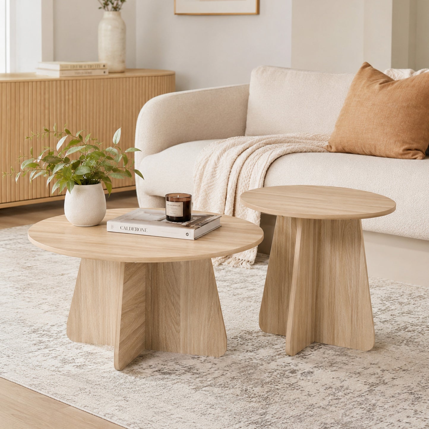 Retro-style nesting coffee table set. Available in walnut or natural wood finishes. Round nesting side tables with crisscross legs. Ideal for living rooms and dining rooms. image 2