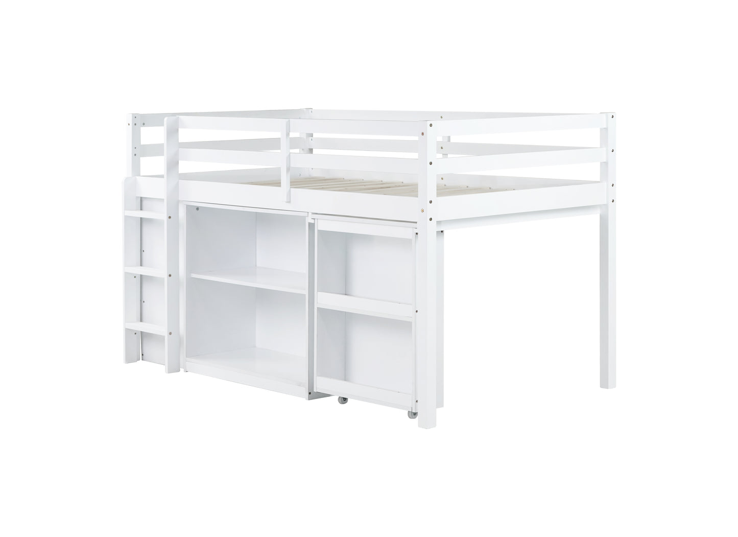 Twin Loft Bed w. stroage case,drawers,Twin Loft Bed with,Drawer Cabinet, Shelf Cabinet and Pulling -Out Desk,Rubber Wood Loft Bed with Safety Guardrail,Ladder,White image 5