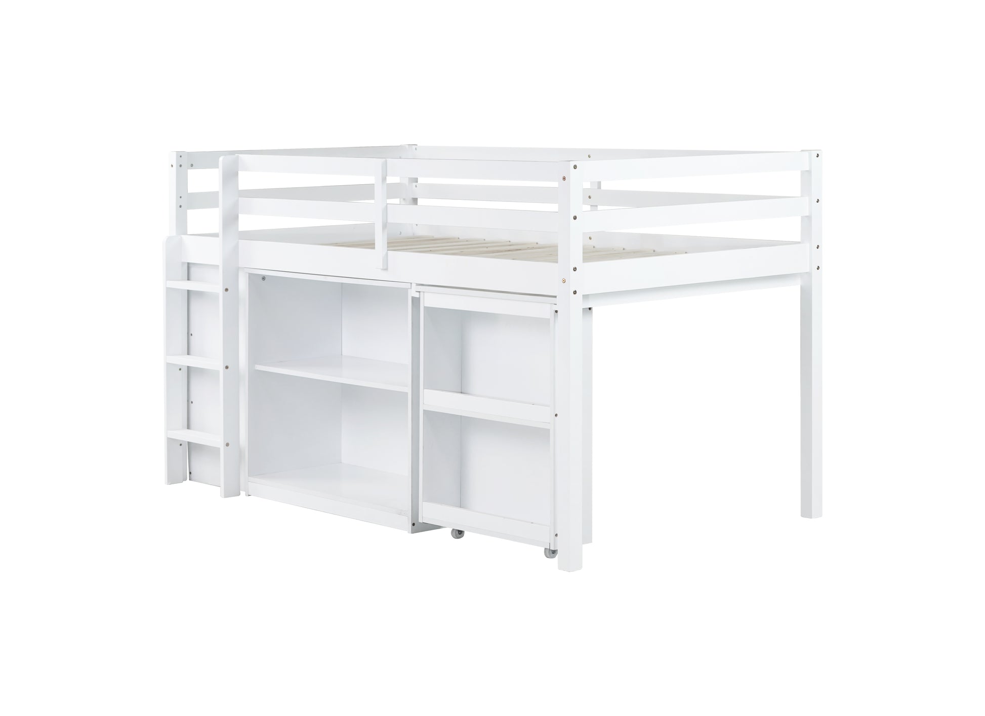 Twin Loft Bed w. stroage case,drawers,Twin Loft Bed with,Drawer Cabinet, Shelf Cabinet and Pulling -Out Desk,Rubber Wood Loft Bed with Safety Guardrail,Ladder,White image 5