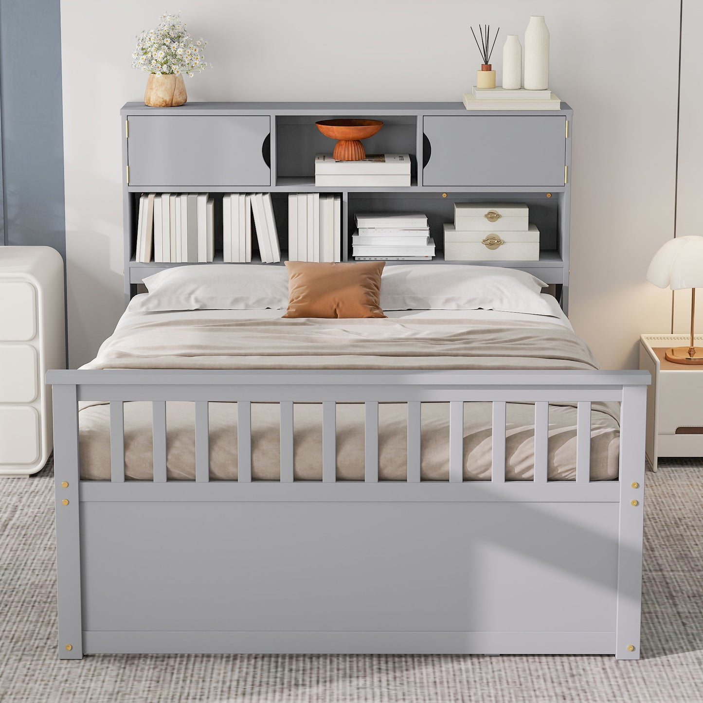 Full Size Captain Platform Bed Frame with Storage Bookcases and Shelves,Four Drawers,Gray image 4