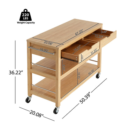 Indoor Multifunctional Natural Bamboo Bar Cart with Locking Wheels, Drawers, and Open Shelves - Ideal for Kitchen, Dining, and Entertaining image 5