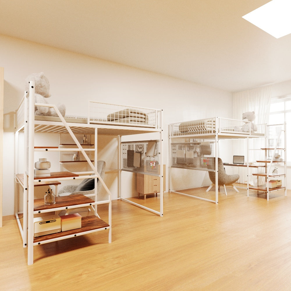 Full size loft metal bed with white for bedroom and dormitory, with built-in charging station and LED lighting image 11