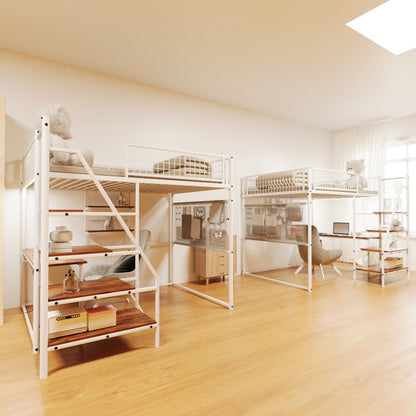 Full size loft metal bed with white for bedroom and dormitory, with built-in charging station and LED lighting image 11