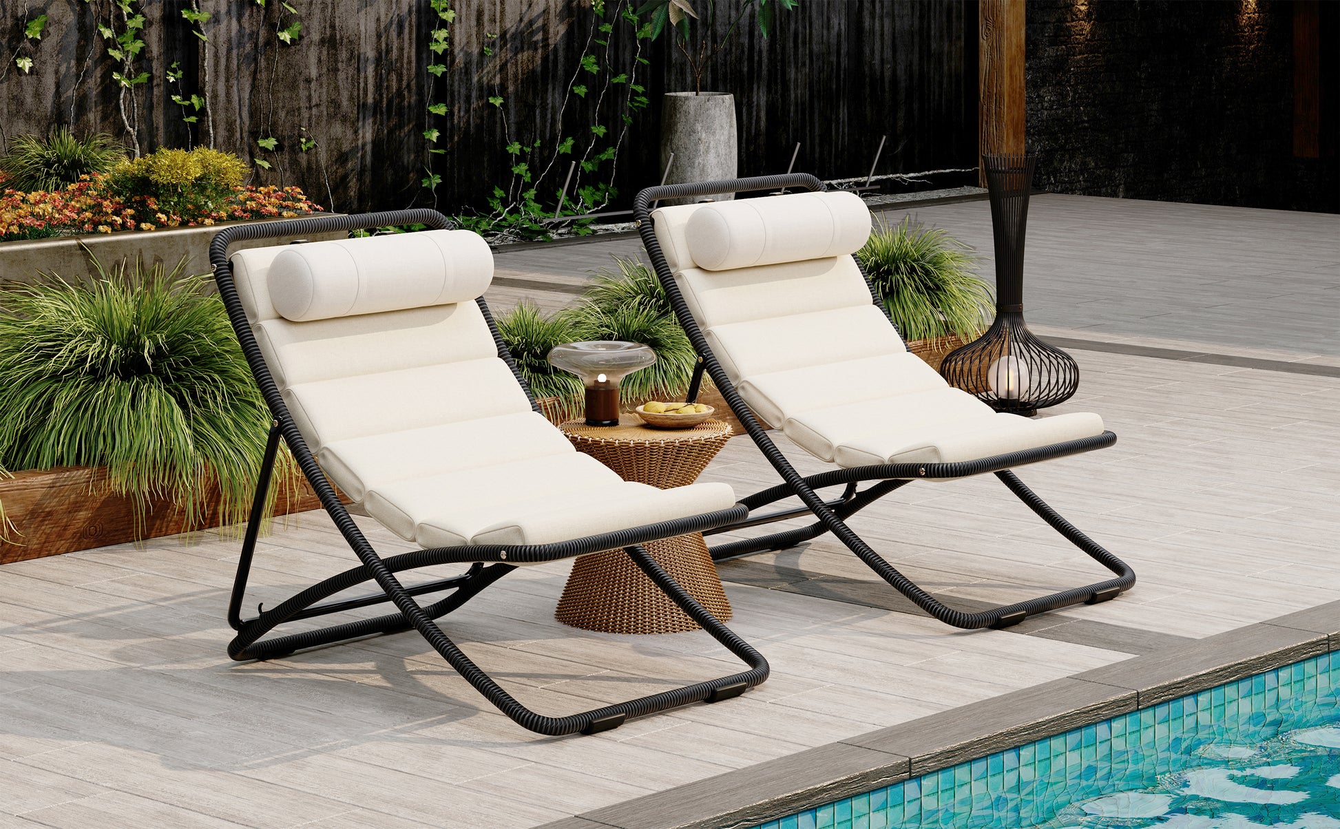 TREXM 2-Pieces Outdoor Folding Chair, Rattan-Wrapped Patio Chair with Adjustable Backrest, Thick Cushion, and Detachable Headrest,for the Poolside, Beach, Backyard, Decck, and Camping (Black) image 2