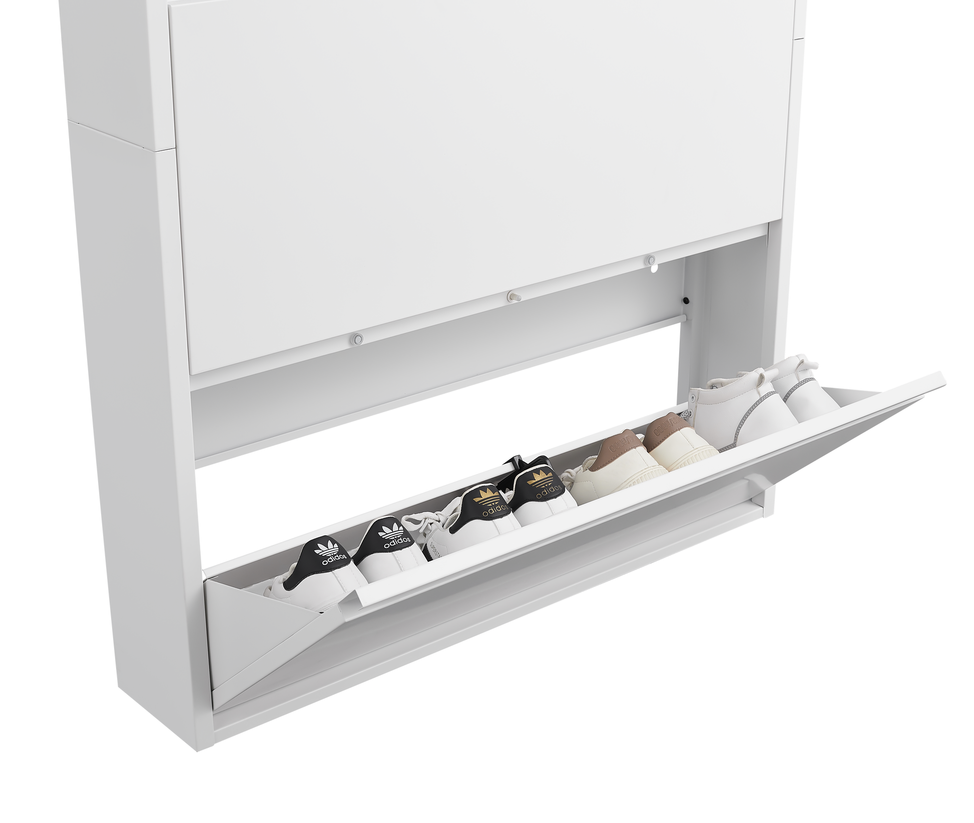 Metal Shoe Cabinet with 3 Flip Drawers, Wall Mounted Shoe Organizer, Narrow Slim Hidden Shoe Rack for Entryway,White image 10