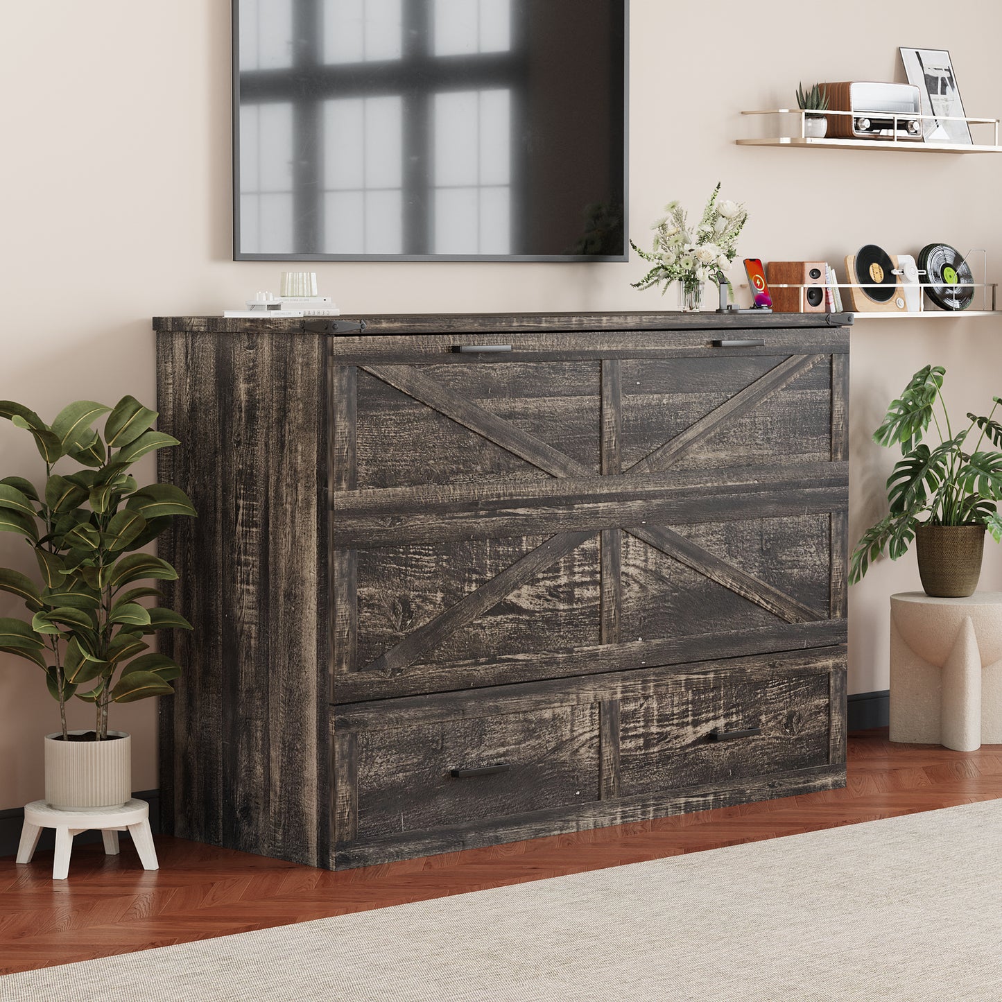 Queen Murphy Bed with Charging Station,Farmhouse Murphy Cabinet Bed with Large Storage Drawer,Hideaway Foldable Platform Bed for Guest Bedroom, Living Room, Office,Small Room,Pull out Bed,Rustic Grey image 4