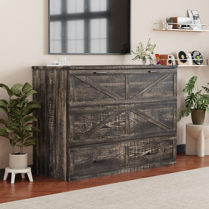 Queen Murphy Bed with Charging Station,Farmhouse Murphy Cabinet Bed with Large Storage Drawer,Hideaway Foldable Platform Bed for Guest Bedroom, Living Room, Office,Small Room,Pull out Bed,Rustic Grey image 4