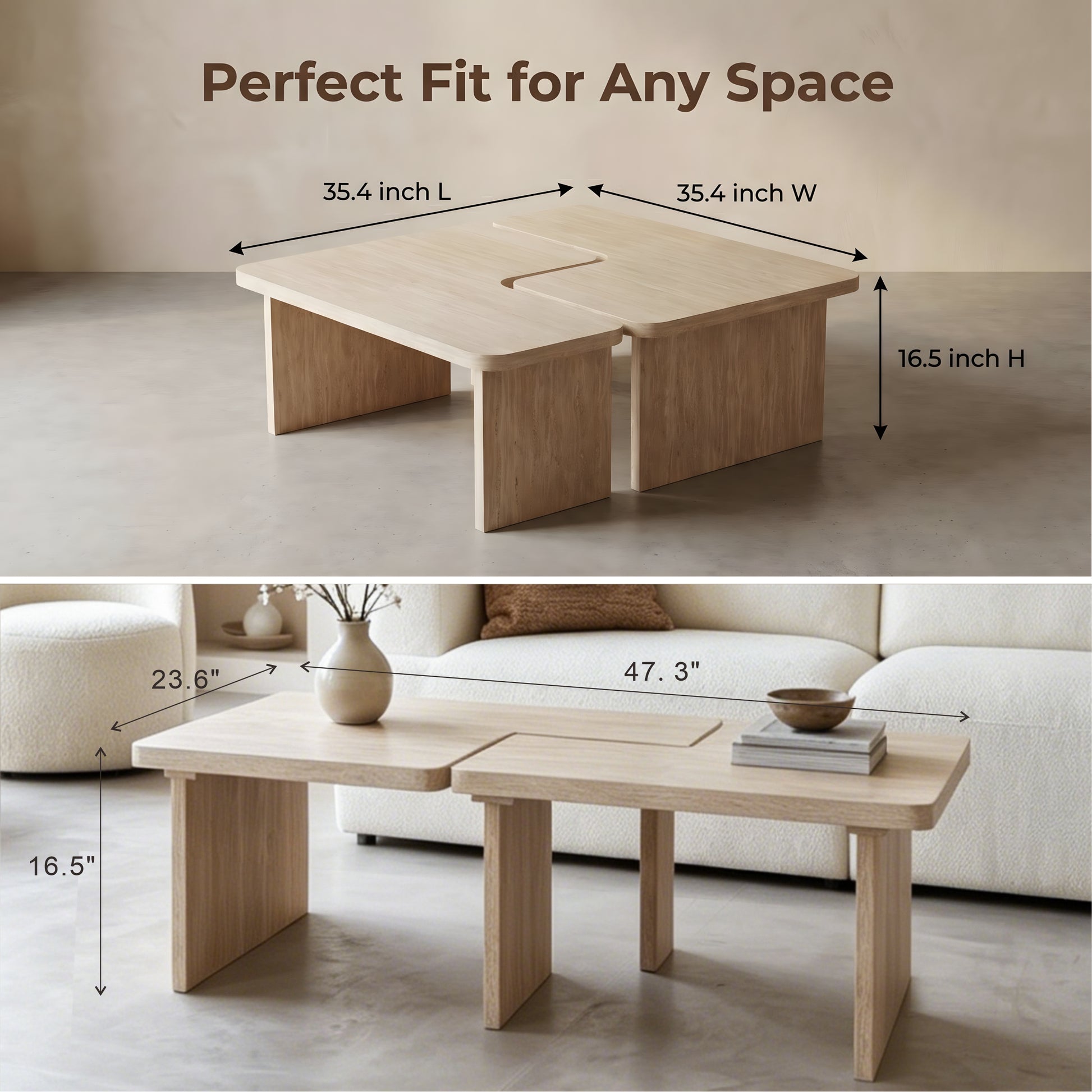 Modular Travertine Coffee Table Set of 2, Nesting L-Shaped Puzzle Center Table, Separable Side Corner Table for Apartment Small Spaces & Living Room,Cream Beige image 3