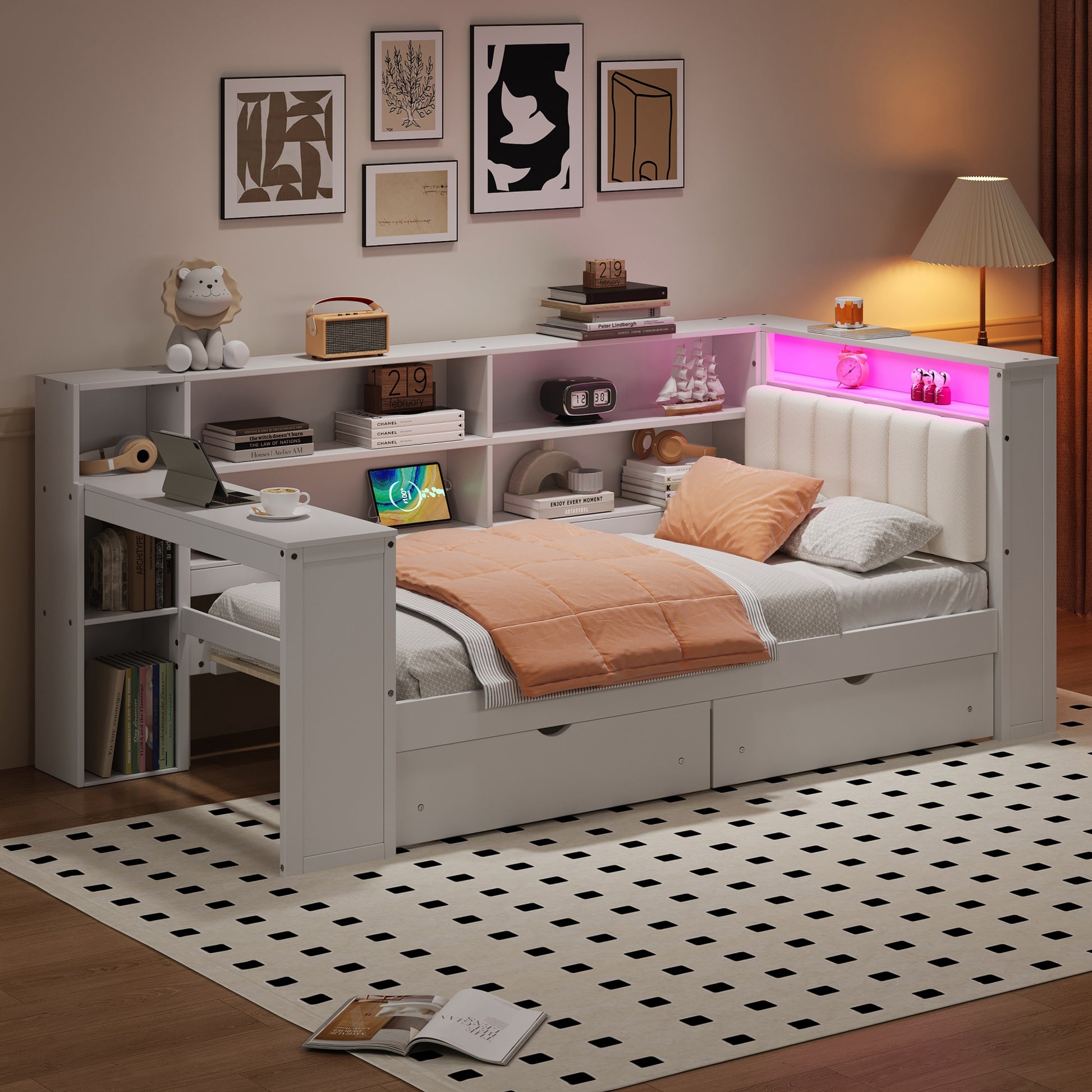 Wood Twin Size Platform Bed with Storage Shelves, Drawers, Charging Station, LED, Desk and Upholstered Headboard, White+Beige Cushion image 1