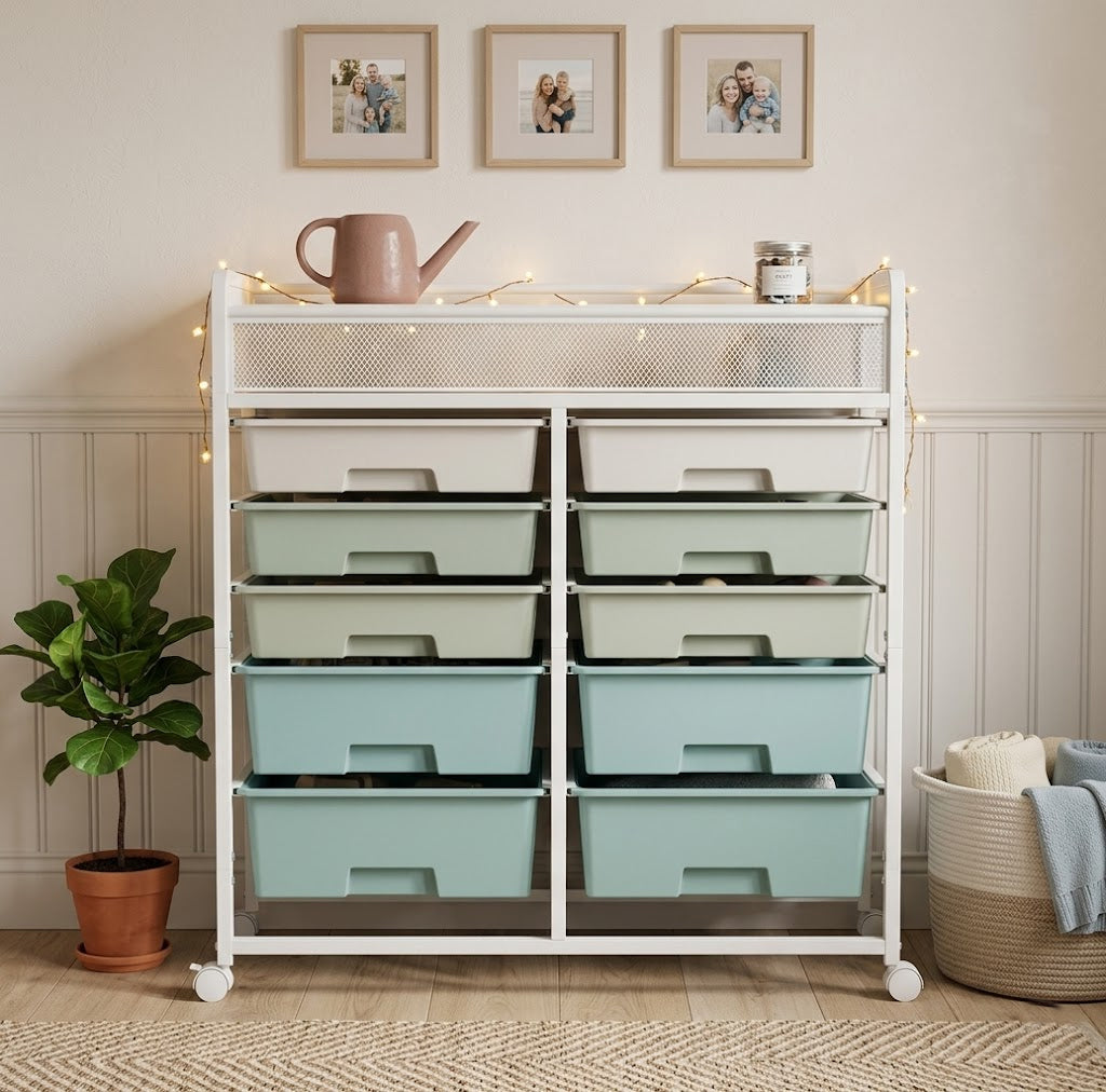 White Large Capacity 2-Row 10-Drawer Rolling Storage Cart, Metal Mesh Top Utility Organizer with Wheels, Multi-Layer Plastic Drawers for Kitchen, Bathroom, Bedroom, Office image 2