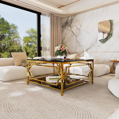 Square Glass Coffee Table in 33.5",Luxurious Geometric Metal Frame,Gold Finish & Lower Shelf image 11