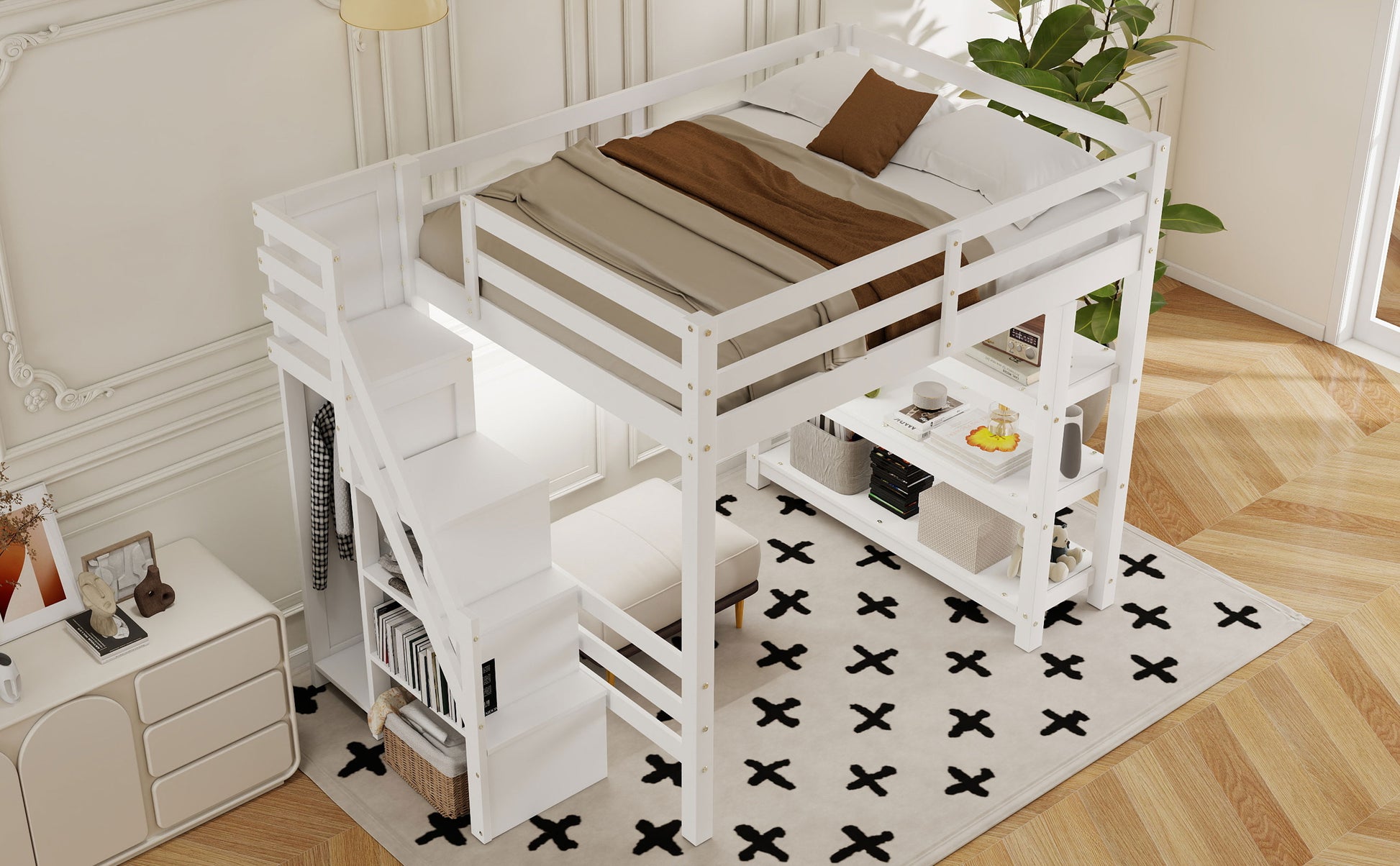 Full Size Loft Bed with Shelves, Storage Staircase, Small Wardrobe and White LED Light, White(Old SKU:N7090000472K) image 8