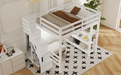 Full Size Loft Bed with Shelves, Storage Staircase, Small Wardrobe and White LED Light, White(Old SKU:N7090000472K) image 8