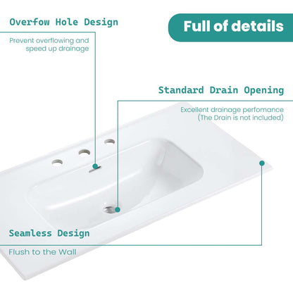 BB0930Y331, Integrated white ceramic basin with three predrilled faucet holes, faucet and drain assembly NOT included image 6