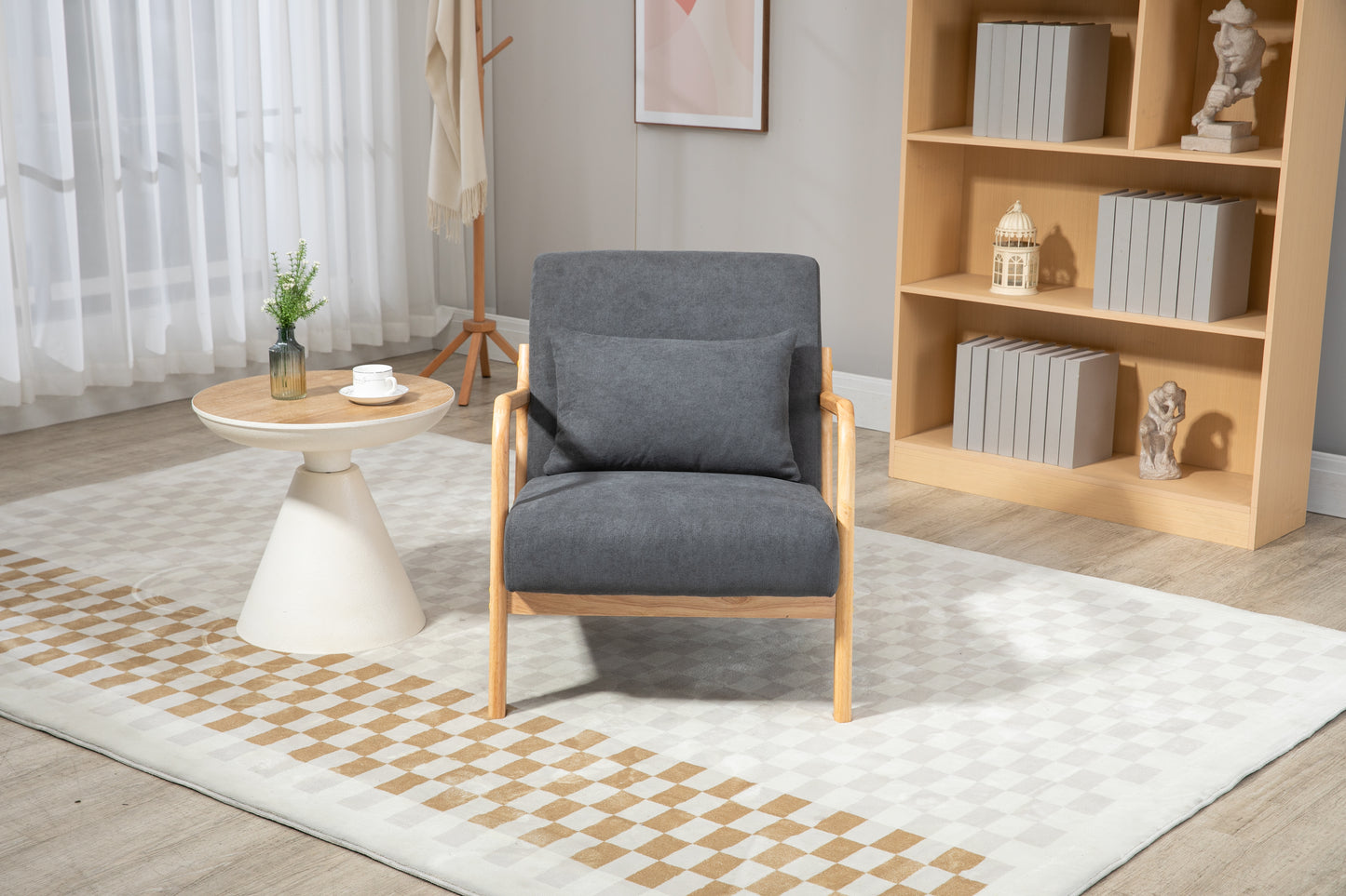 Mid Century Modern Accent Chair with Wood Frame, Upholstered Living Room Chairs with Waist Cushion, Reading Armchair for Bedroom Sunroom image 7