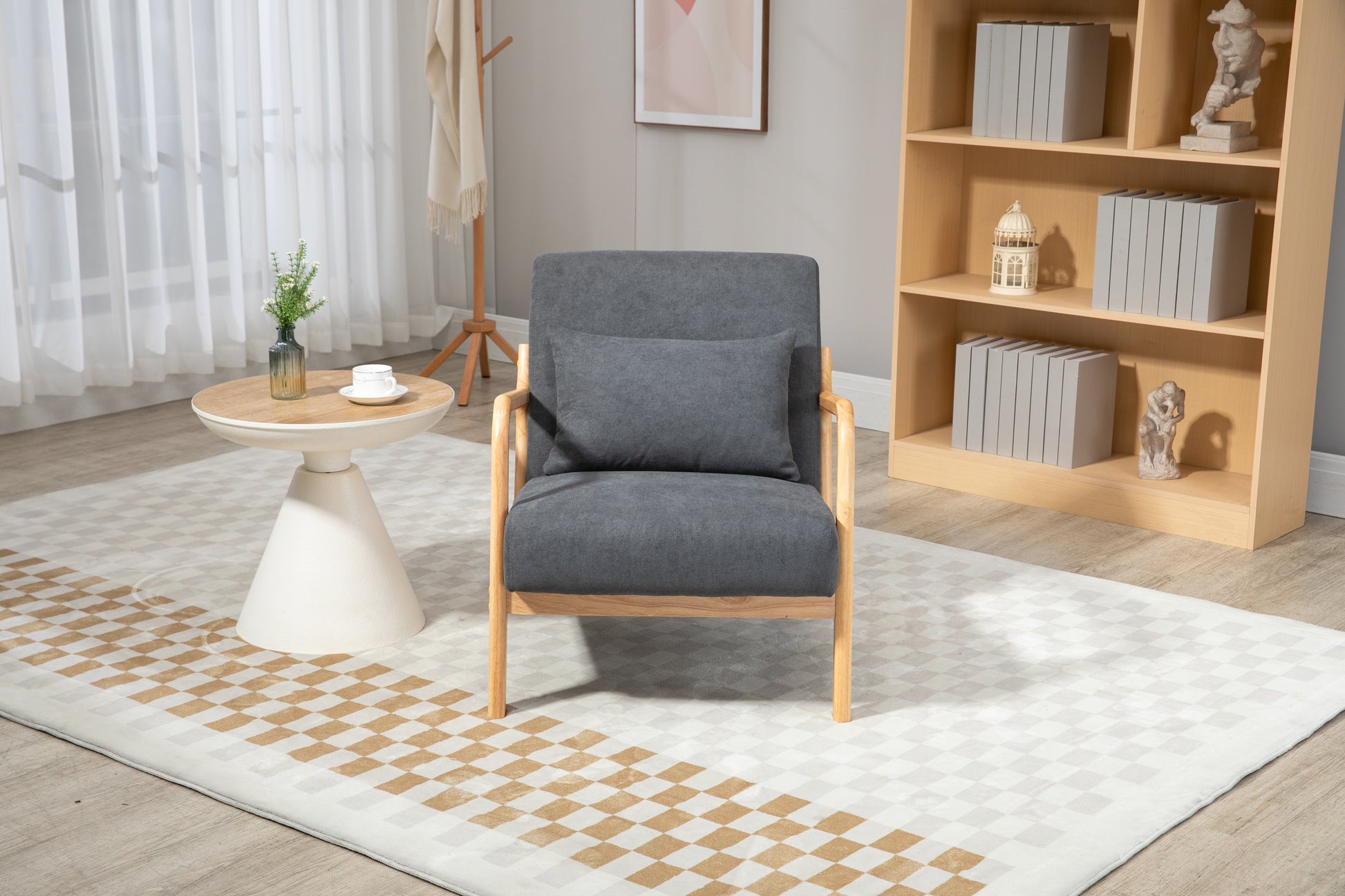 Mid Century Modern Accent Chair with Wood Frame, Upholstered Living Room Chairs with Waist Cushion, Reading Armchair for Bedroom Sunroom image 7