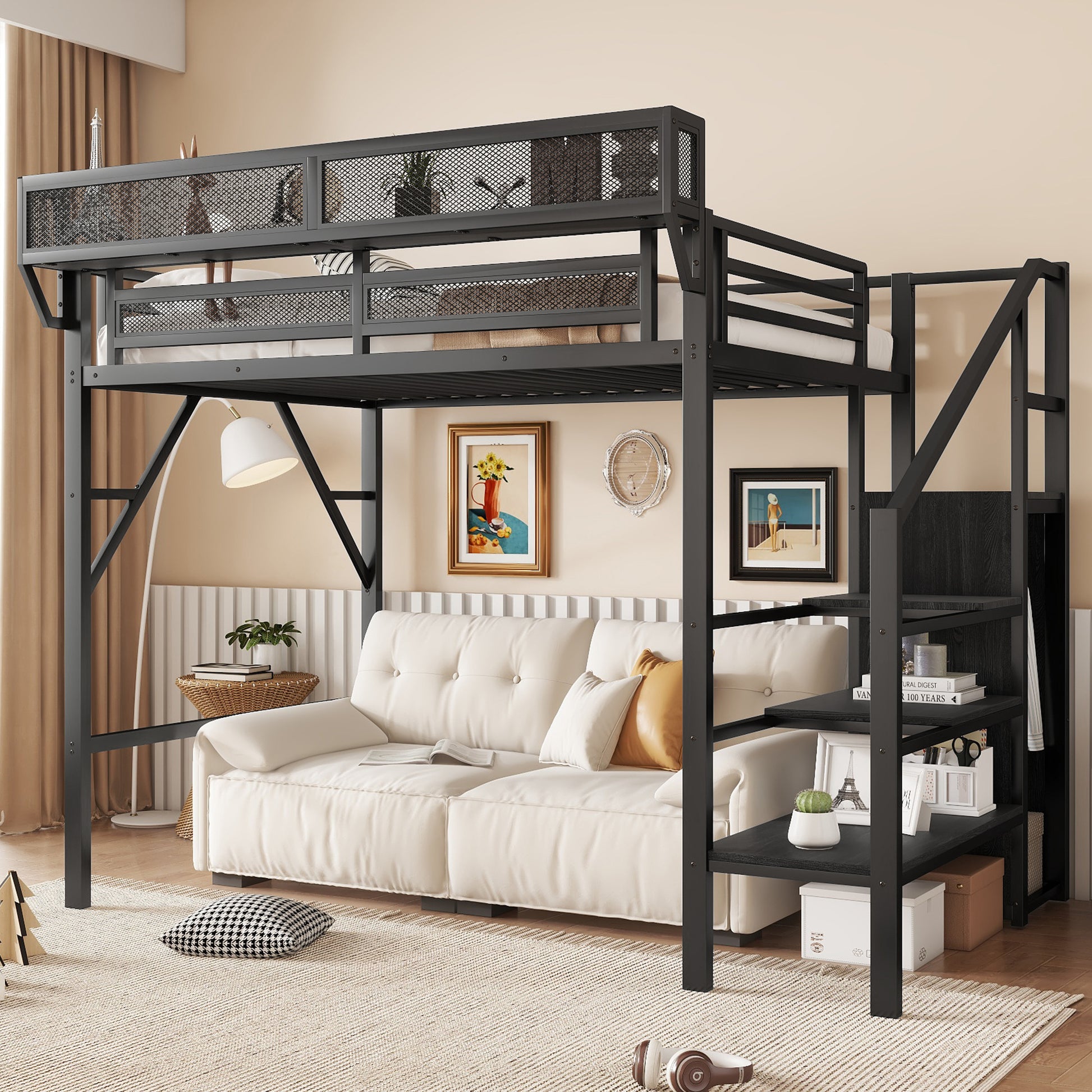 Twin Size Loft Bed with Stairs, Metal Full Loft Bed with Storage Shelves, High Loft Bed with Wardrobe for Kids Teens, Black image 1