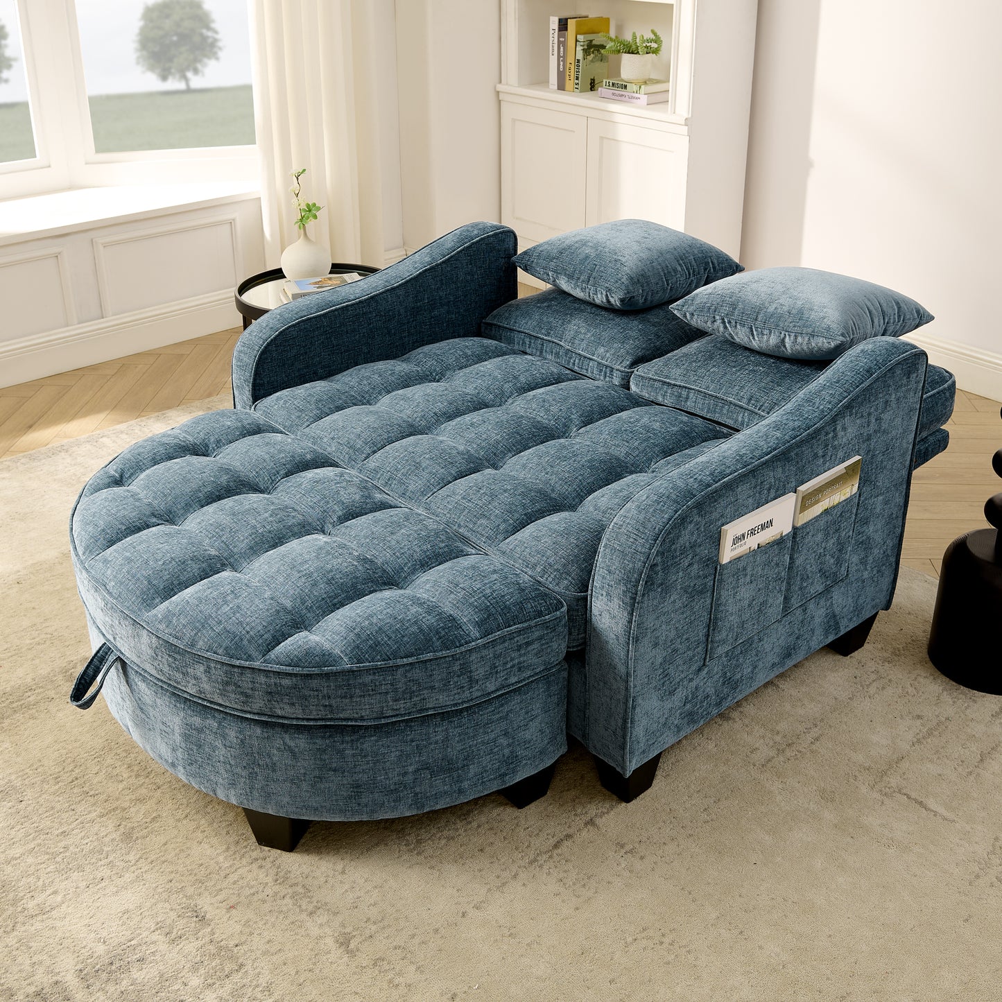 Two-seater sofa, double sofa chaise longue, with irregular armrests and backrests, footrest with storage space, comes with two small throw pillows, suitable for living room and bedroom -Blue image 2