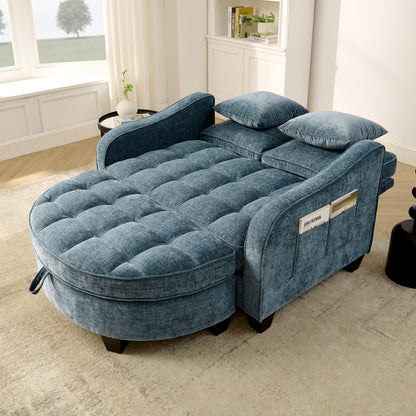 Two-seater sofa, double sofa chaise longue, with irregular armrests and backrests, footrest with storage space, comes with two small throw pillows, suitable for living room and bedroom -Blue image 2