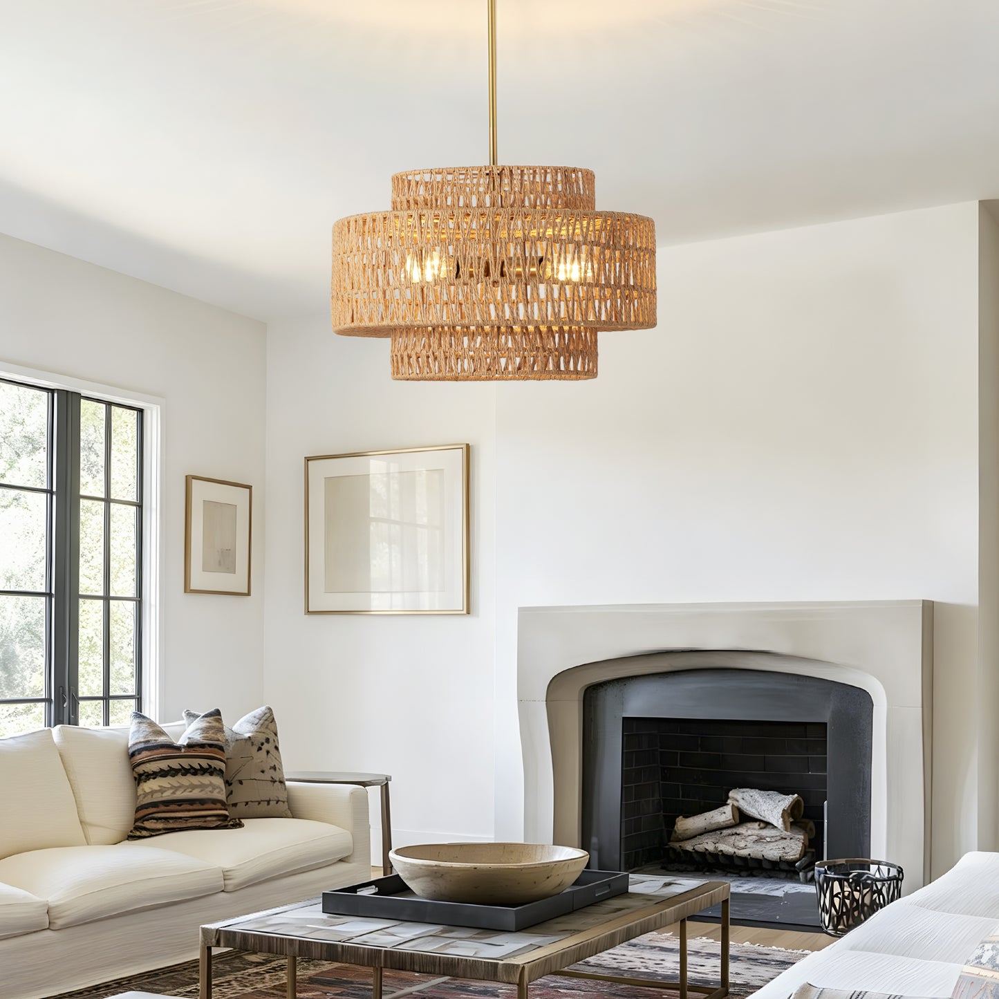 17.7" Boho Rattan Chandelier for Dining Room Light Fixture, 5-Light Hand Woven Wicker Pendant Light Fixture, Farmhouse Rustic Hanging Chandelier for Dining Room, Kitchen Island, Living, Bedroom image 7