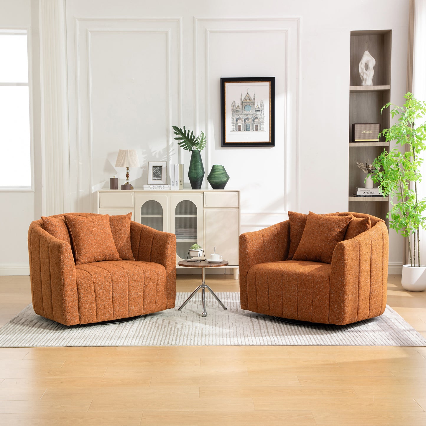 39"W Upholstered Oversized 360° Swivel Accent Barrel Chair and Half Cozy Sofa with 3 Pillows, Chenille Channel Tufted Pumpkin-Shape Club Armchair for Living Room, Bedroom, Office, Lounge,Orange image 4